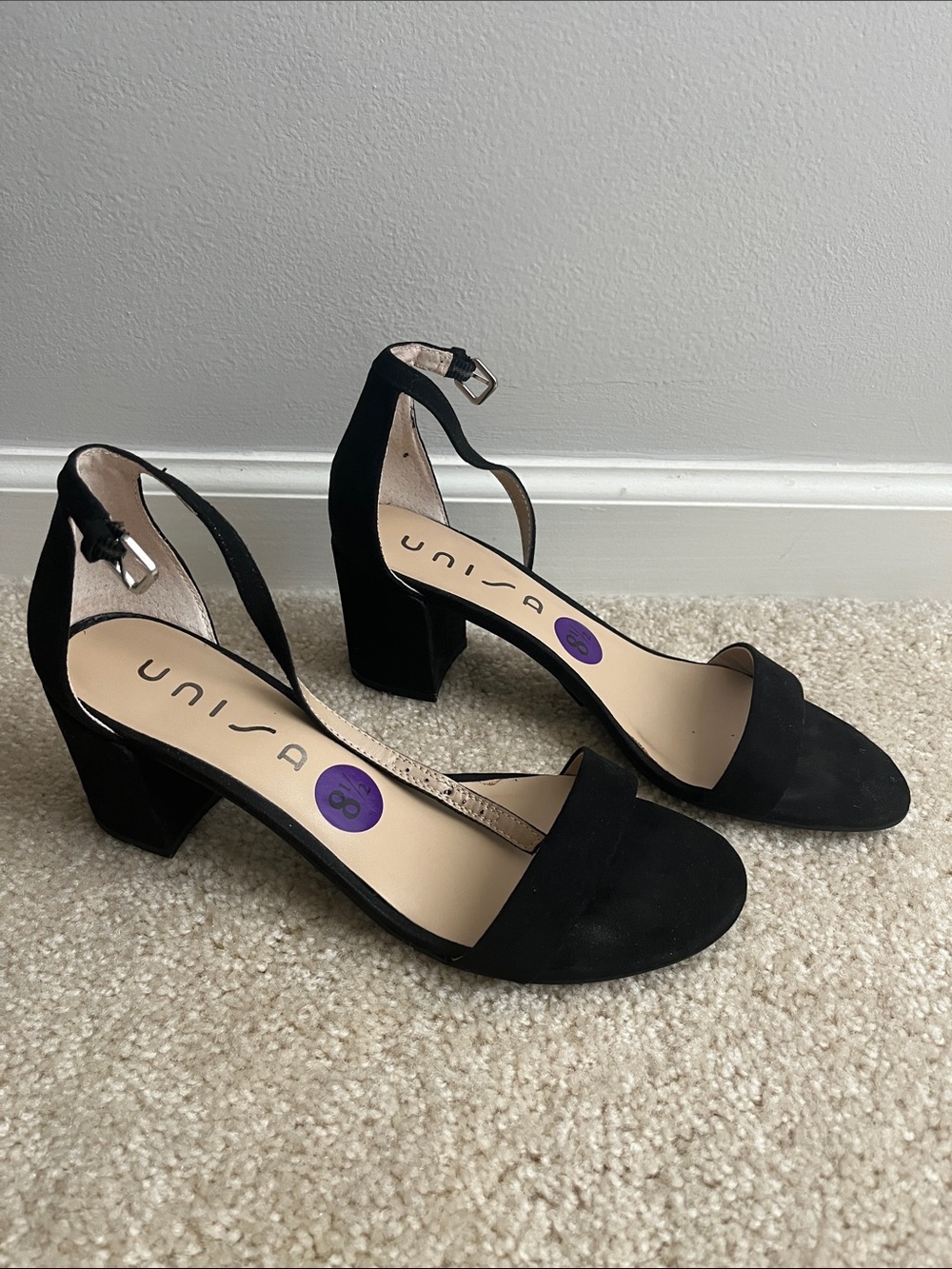 Unisa Black Suede Block Heel Sandals with Ankle Strap